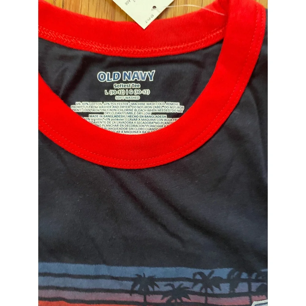 Old Navy Softest Tee Navy Blue Red Ringer‎ Sunset Truck Graphic Shirt L 10-12